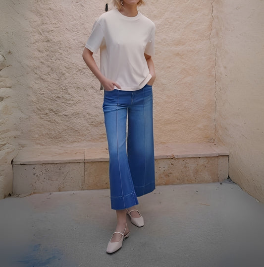 Casual Beige T Shirt And Blue Wide Leg Jeans Set - WOOLX