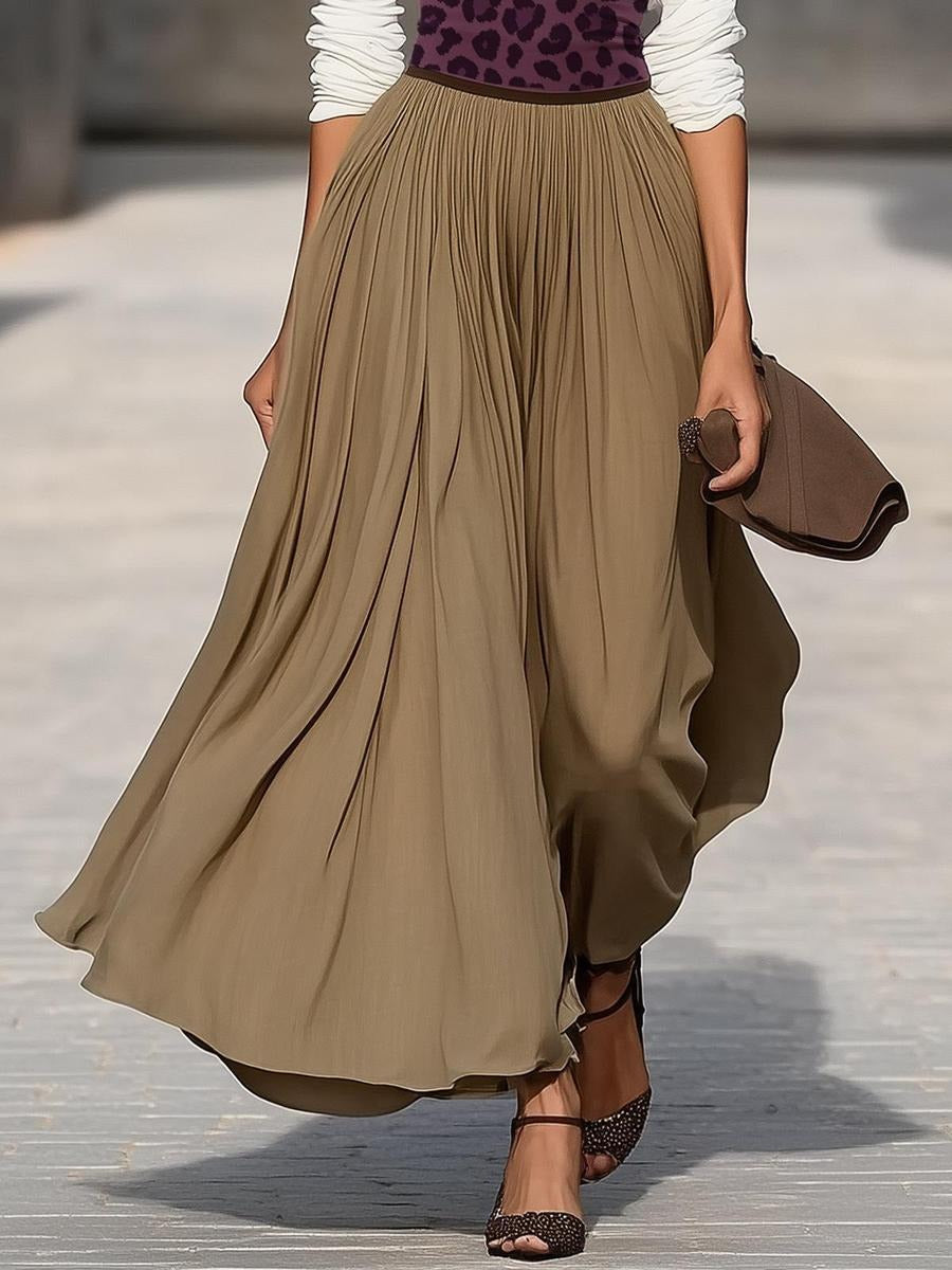 Boat Neck Top & Leopard Print Belted Pleated Maxi Skirt Set - WOOLX