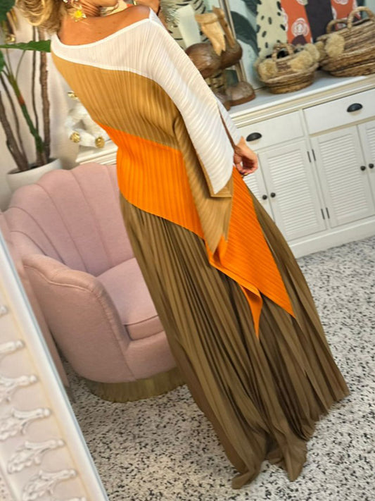 Irregular Color Block Pleated Two Pieces Set - WOOLX