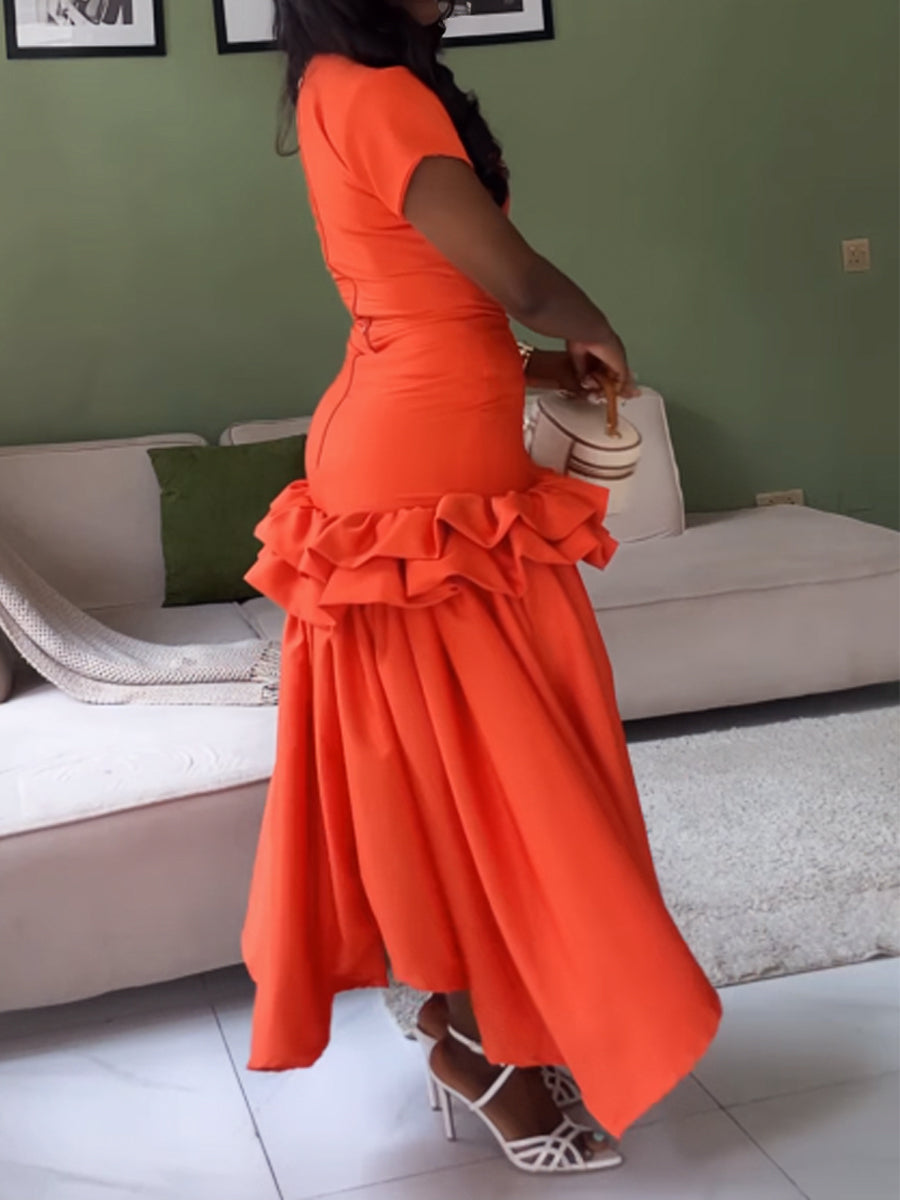 Short Sleeve Flouced Patchwork Dress - WOOLX