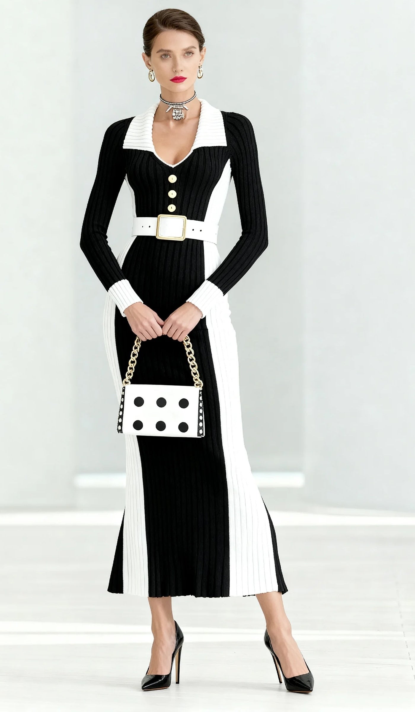 Black And White Color Block Maxi Sweater Dress