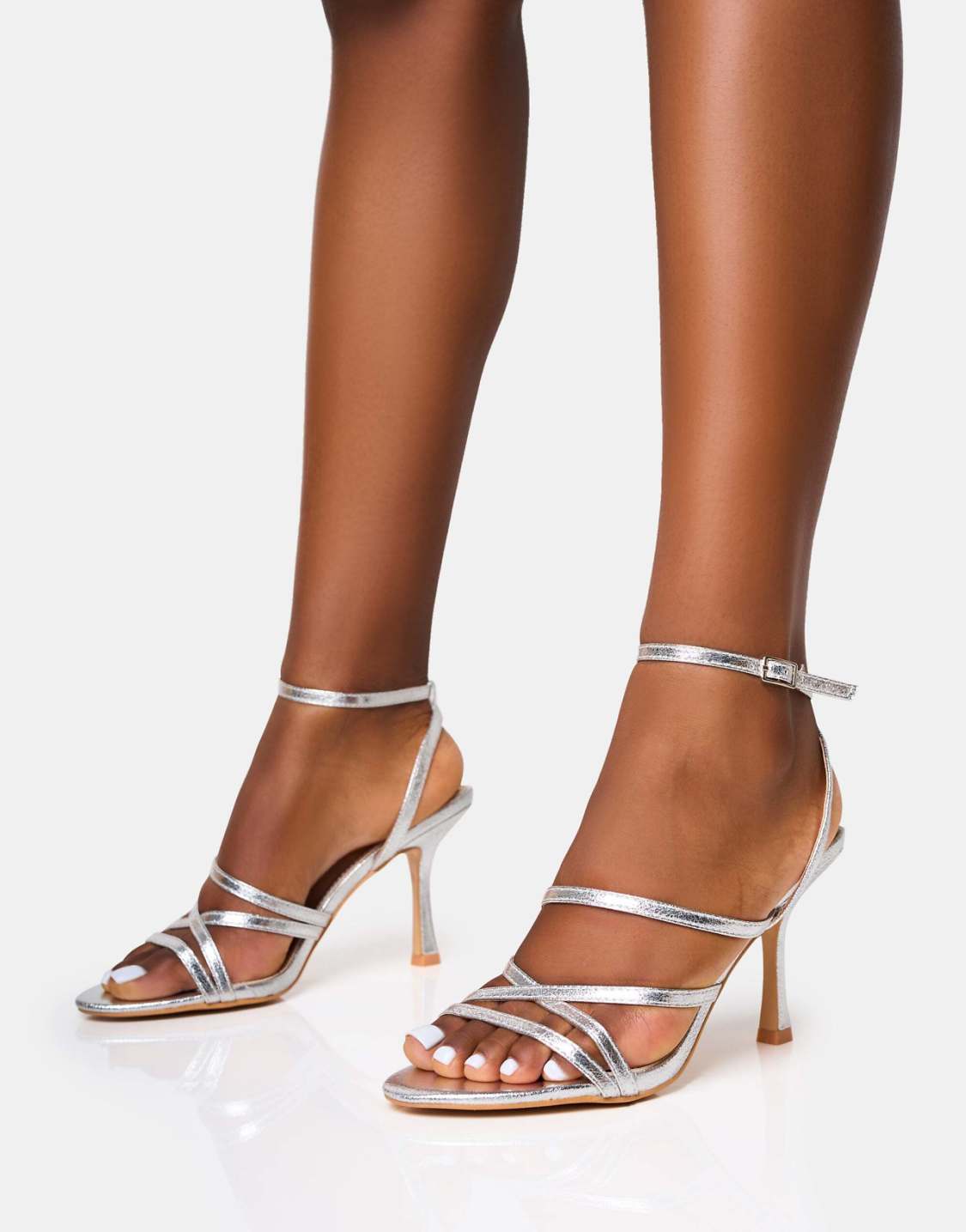 Strappy Round Toe Mid Heels In Silver - WOOLX
