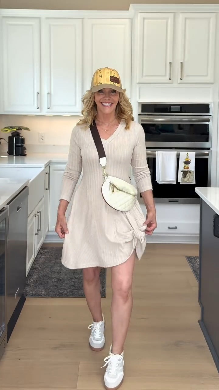 Beige Knit V - Neck Dress - WOOLX