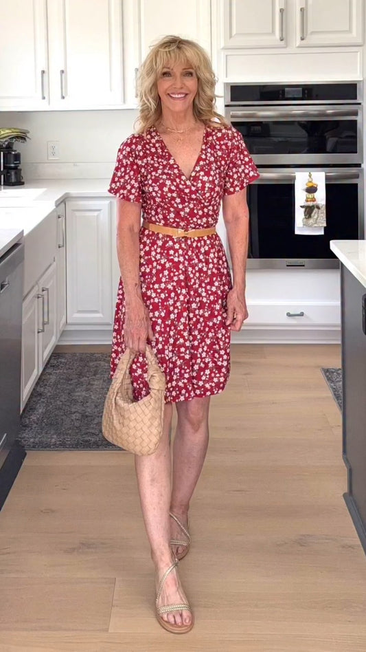 Red Floral Wrap V - Neck Dress - WOOLX