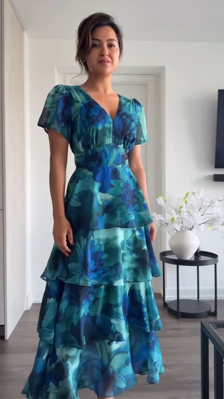 Teal Floral Tiered Maxi Dress - WOOLX