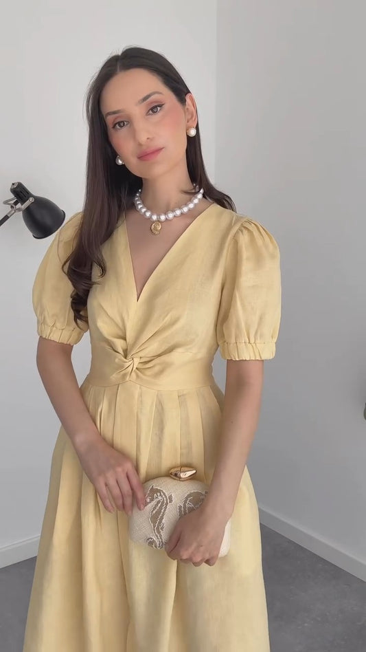 Charming Buttercup Puff - Sleeve Midi Dress - WOOLX