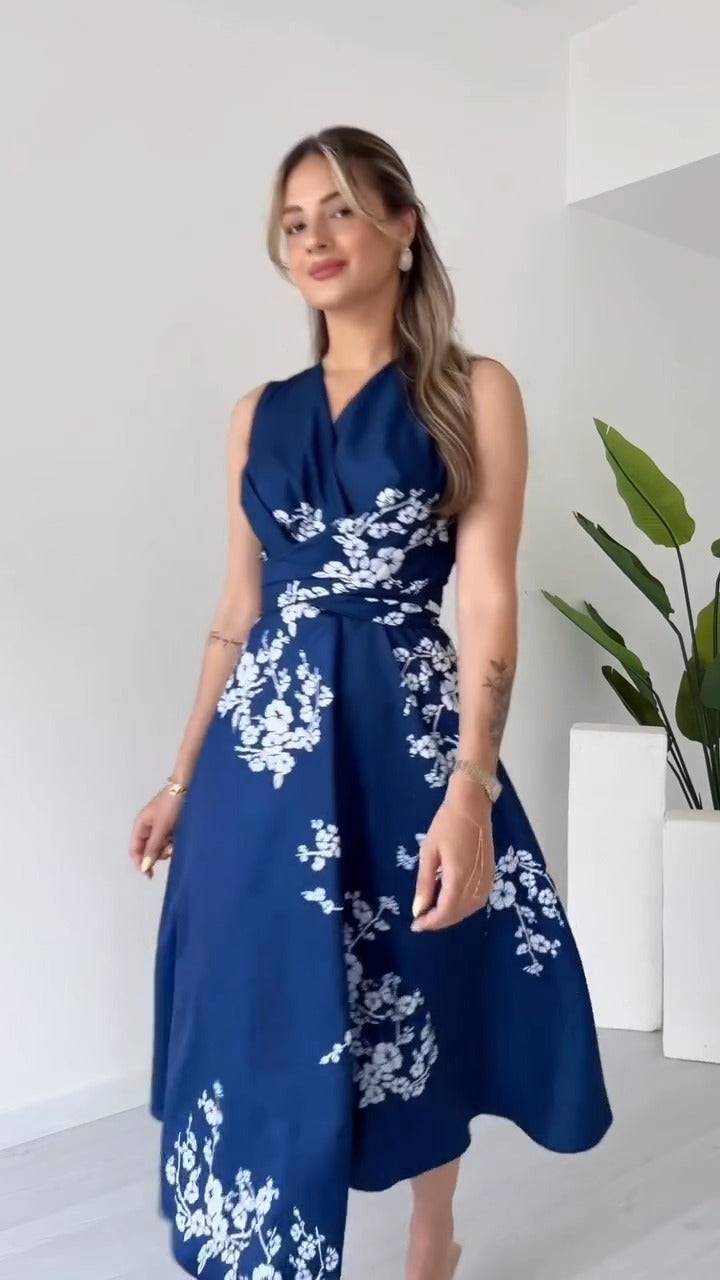 Elegant Navy Blue Floral-printed Sleeveless Midi Dress - WOOLX
