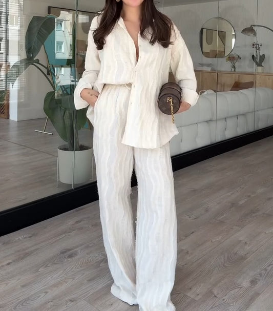 Chic Textured White Button Down Shirt And Wide Leg Pants Set - WOOLX