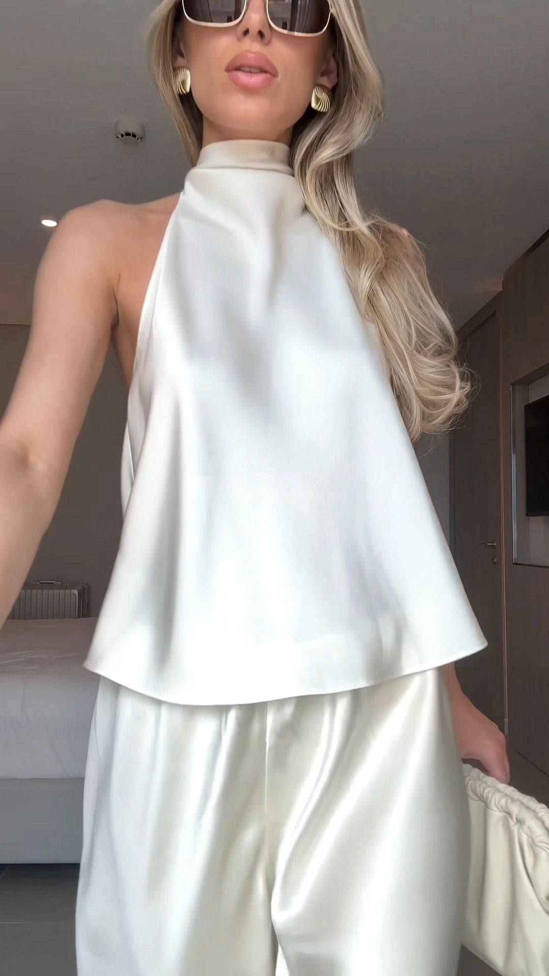 Sophisticated Satin Halter Neck Top And Wide Leg Pants Set - WOOLX