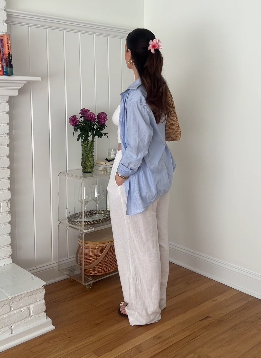 Casual Light Blue Shirt And White Linen Pants Set - WOOLX