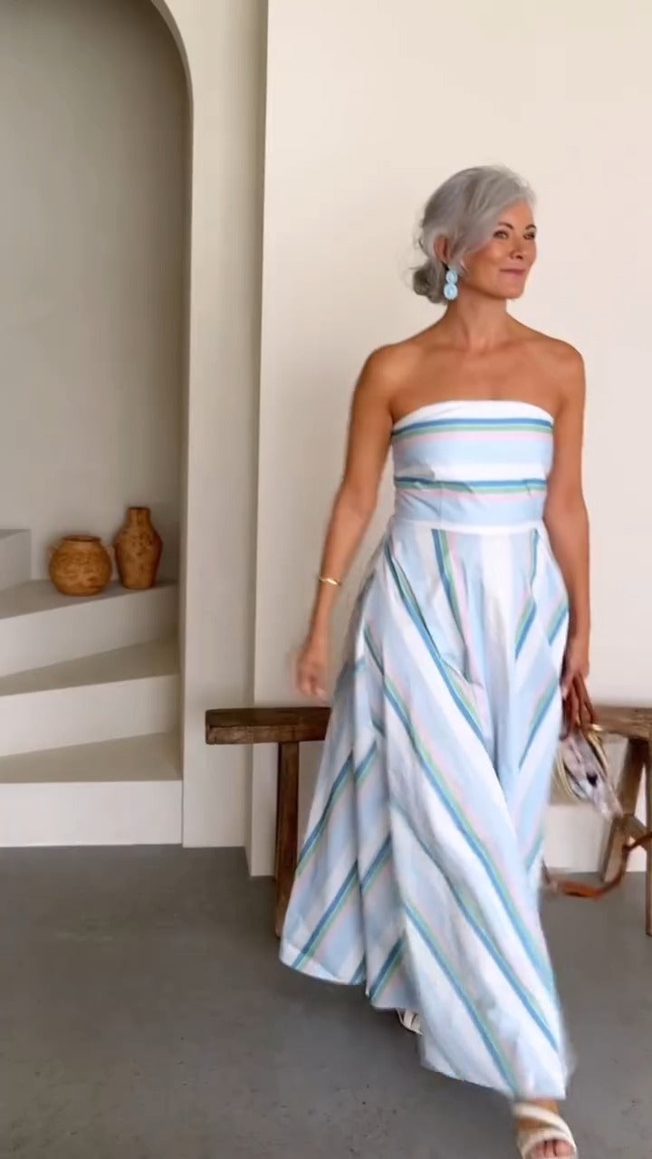 Elegant Pastel Striped Strapless Maxi Dress - WOOLX