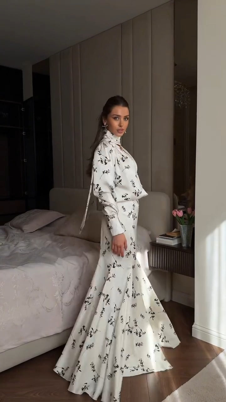 Elegant White Floral Print High Neck Maxi Dress - WOOLX