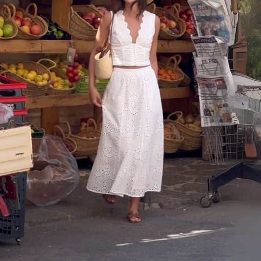 Chic White Eyelet Crop Top And Midi Skirt Set - WOOLX