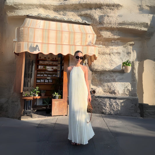 Elegant Off White Halter Pleated Maxi Dress - WOOLX