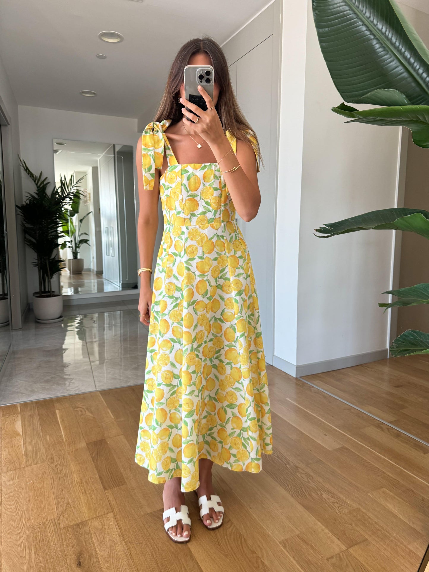 Lemon Print Tie Strap Midi Dress - WOOLX