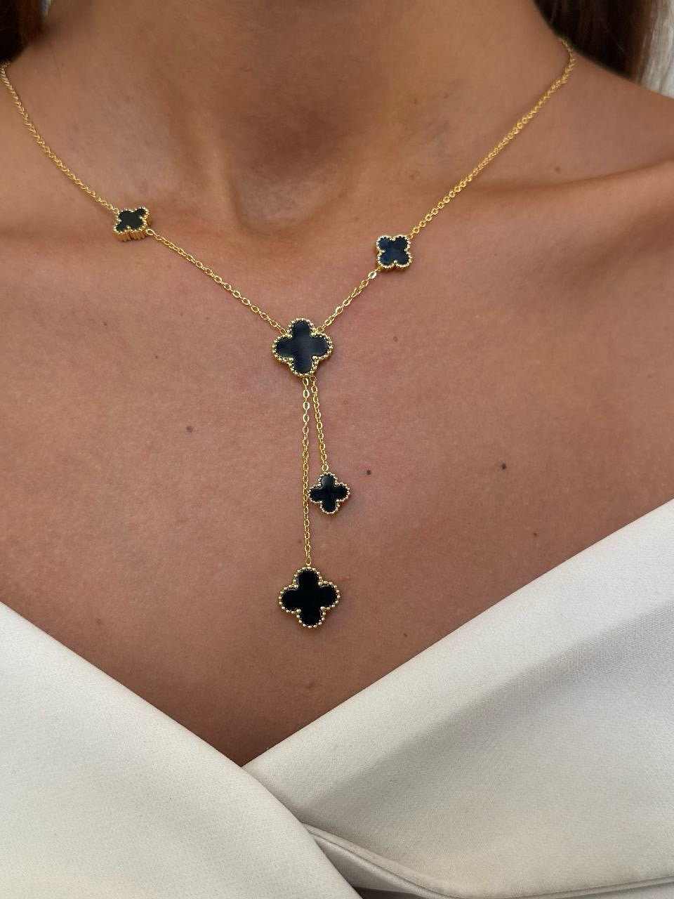 Gold/Sliver Toned Chain White Mother Of Pearl Four Leaf Clover Lariat Necklace - WOOLX