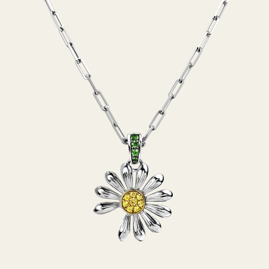 Silver Daisy Pendant Necklace With Colored Gemstones - WOOLX