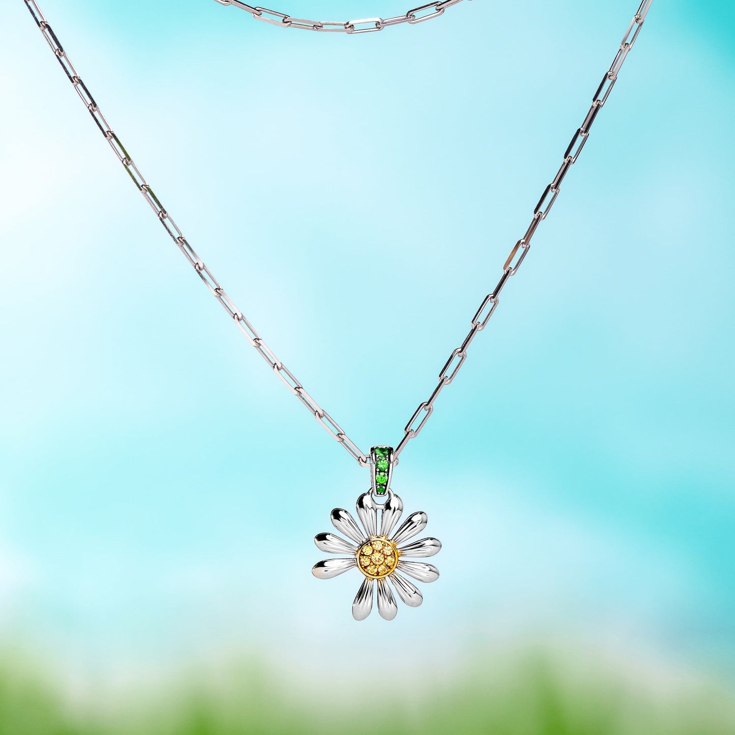 Silver Daisy Pendant Necklace With Colored Gemstones - WOOLX
