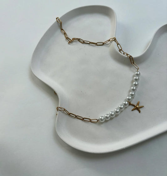Gold - Link Pearl Starfish Necklace - WOOLX