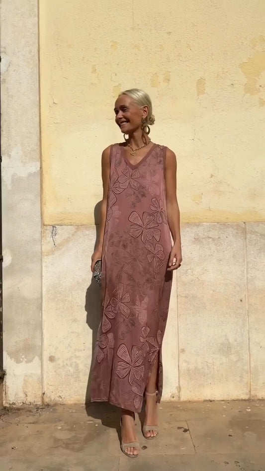 Rose - Pink Embroidered Sleeveless Maxi Dress - WOOLX