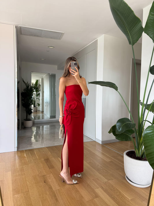 Scarlet Red Strapless Maxi Dress With Decorative Flower Accent - WOOLX