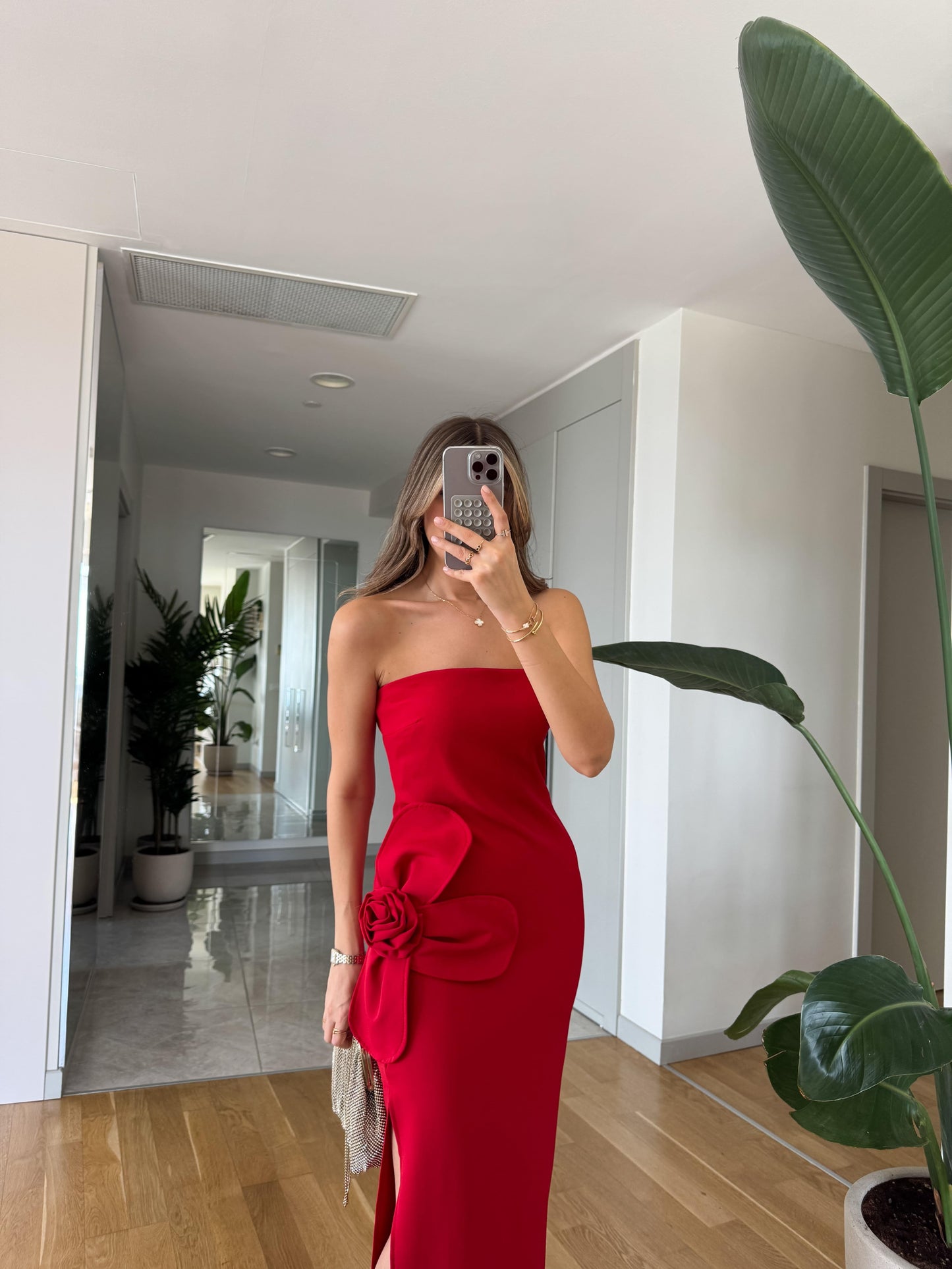 Scarlet Red Strapless Maxi Dress With Decorative Flower Accent - WOOLX