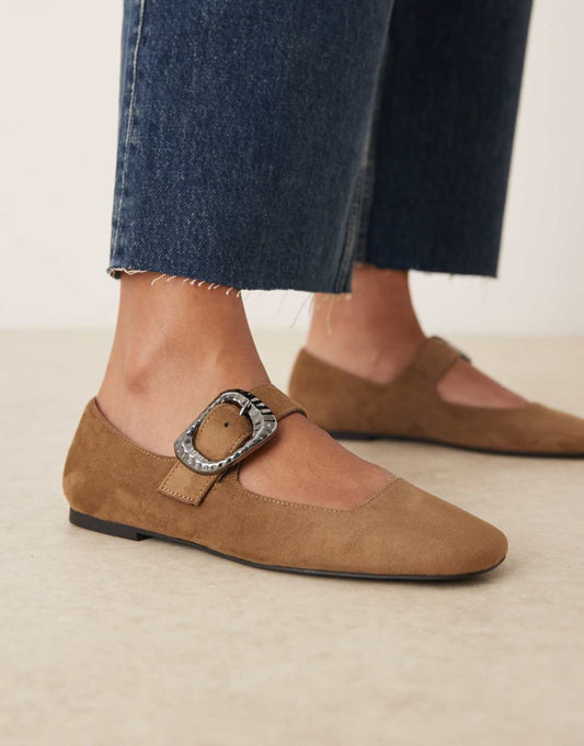 Tan Suede Buckle Accent Flat Mary Janes - WOOLX