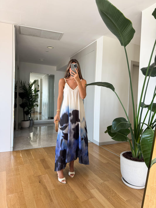 White And Blue Tie Dye Spaghetti Strap Asymmetric Maxi Dress - WOOLX
