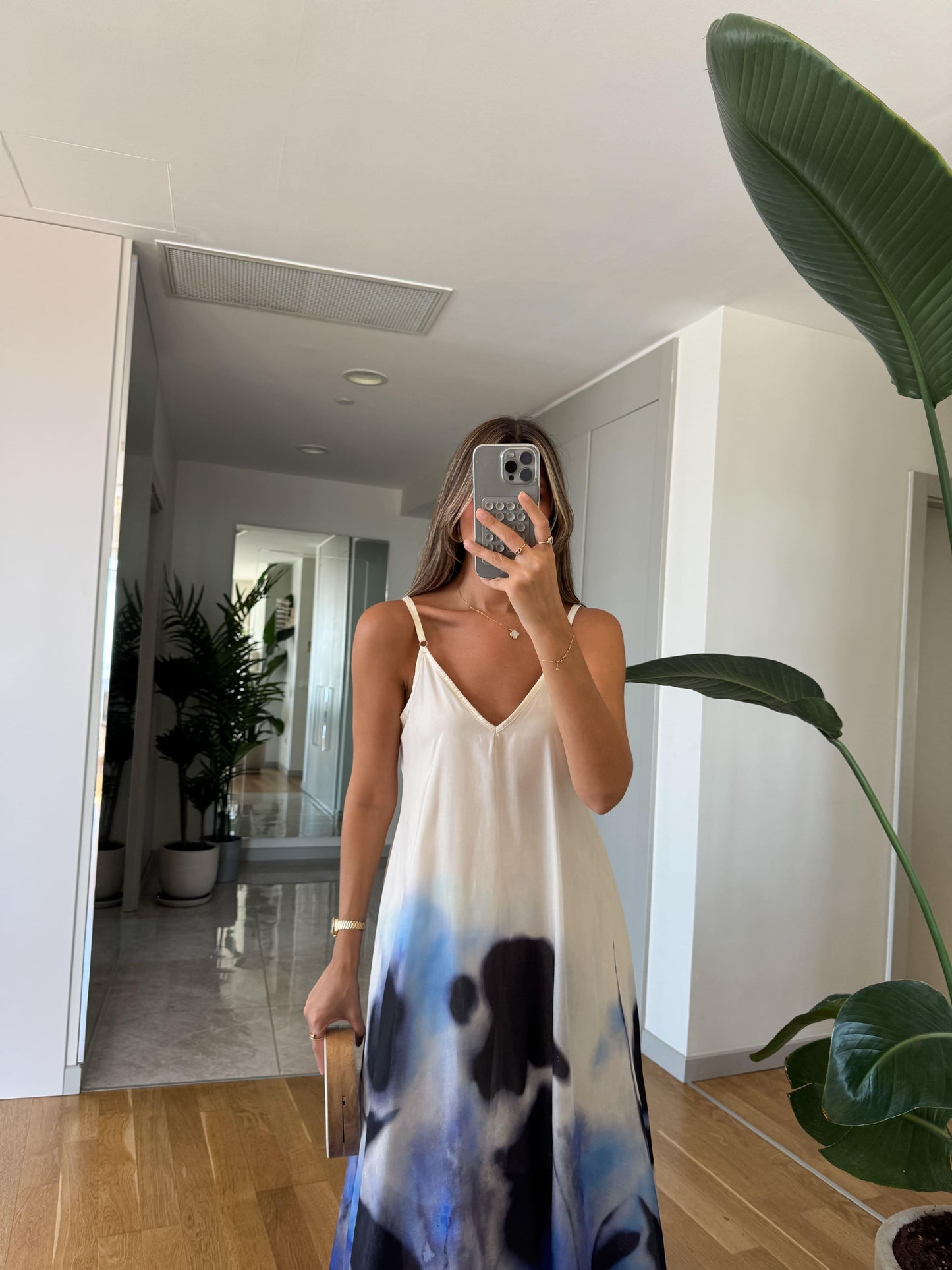 White And Blue Tie Dye Spaghetti Strap Asymmetric Maxi Dress - WOOLX