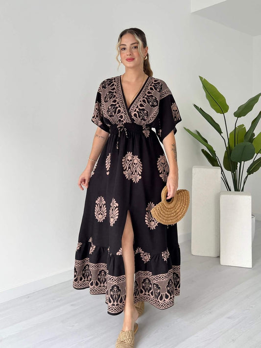 V Neck Short Sleeve Maxi Dress With White Floral And Geometric Prints - WOOLX