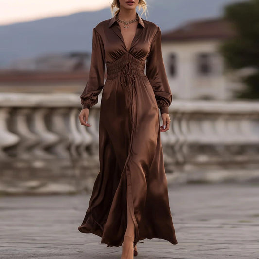 Coffee Long Sleeve Plain Maxi Dress - WOOLX