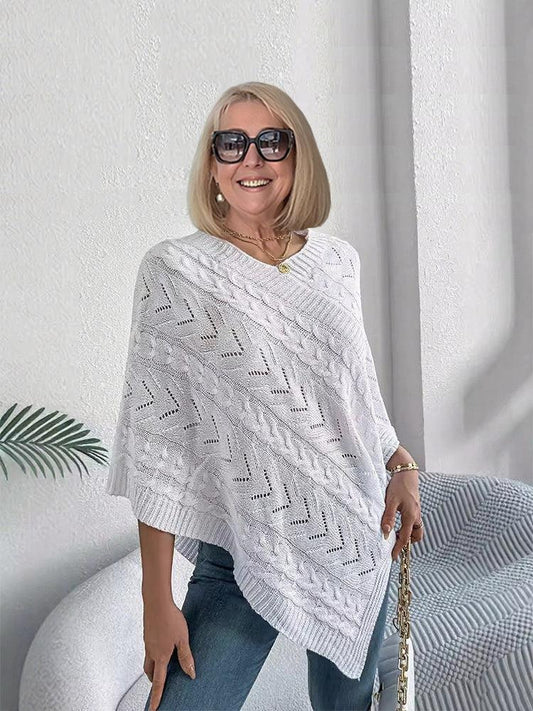 White V Neck Cable Knit Poncho Sweater - WOOLX
