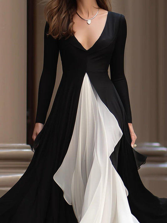 Special Color Block Long Sleeve Maxi Dress - WOOLX