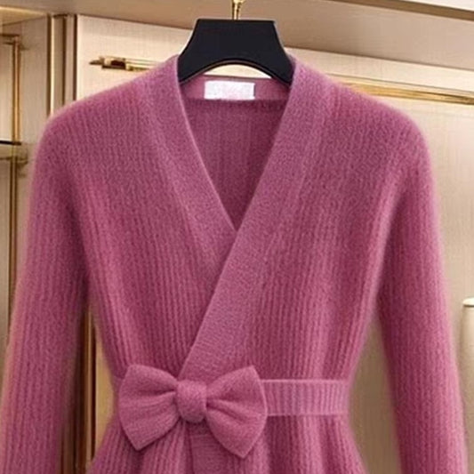 Groovy V-Neck Long Sleeve Rose Red Sweater - WOOLX