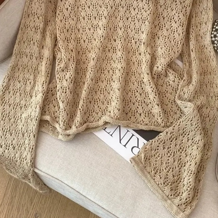 Brown Plain Round Neck Long Sleeve Top