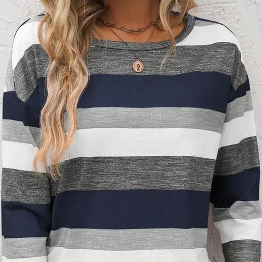 Classy Striped Print Round Neck 3/4 Sleeve Top