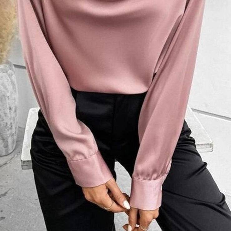 Pink Plain V-Neck Long Sleeve Top