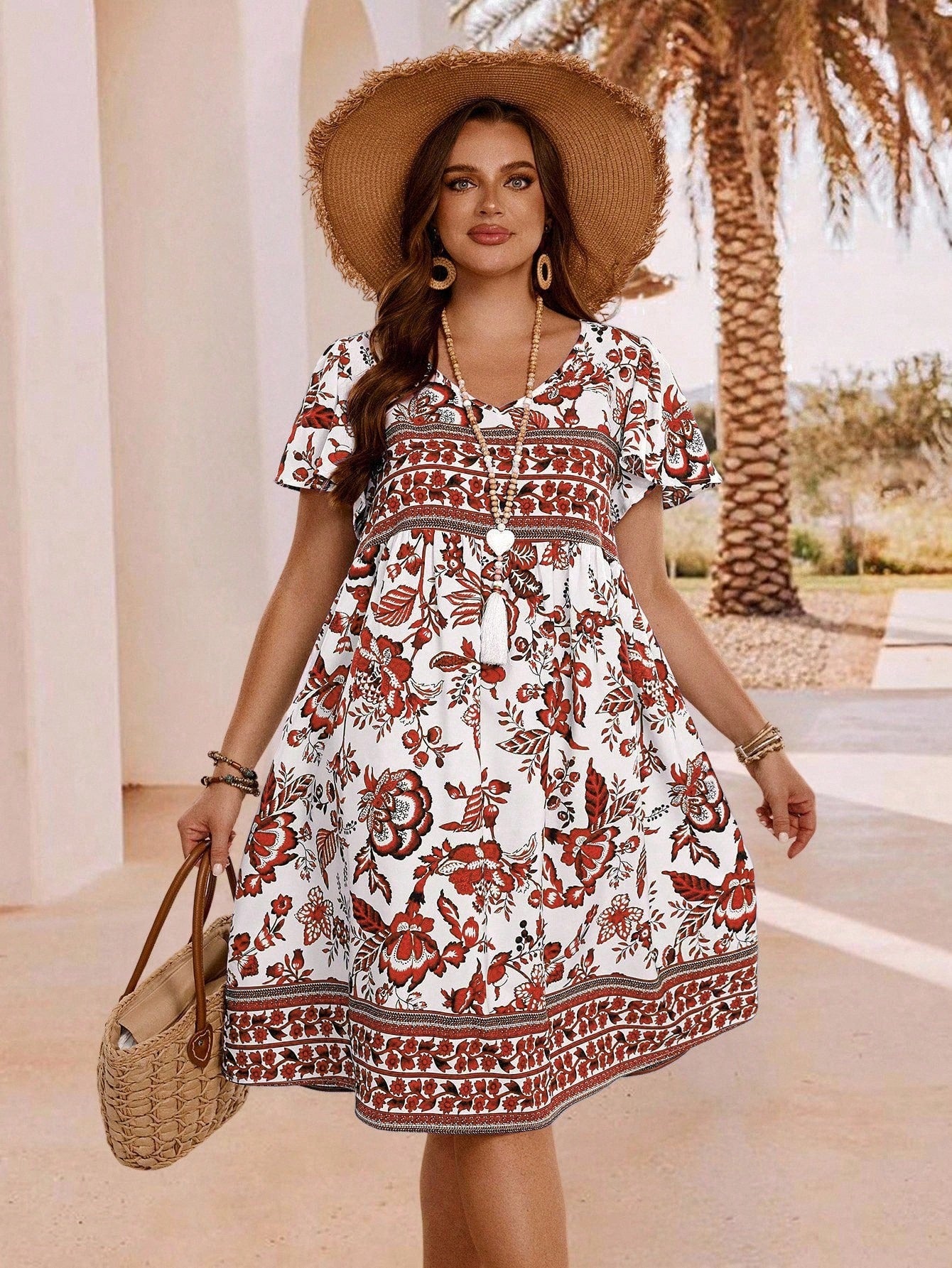 White And Red Floral Print V Neck Short Sleeve Midi Dress