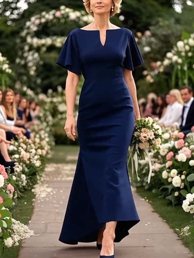 Navy Plain Short Sleeve Maxi Dress
