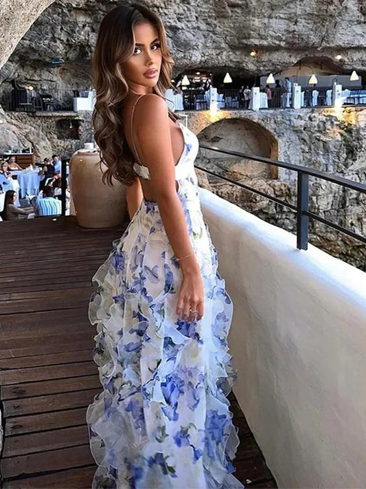 White And Blue Floral Print Spaghetti Strap Ruffled Maxi Dress
