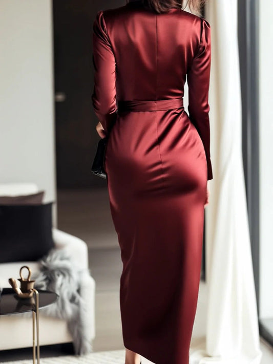 Burgundy Long Sleeve Plain Maxi Dress