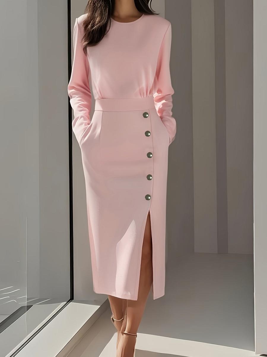 Pink Long Sleeve Plain Midi Dress