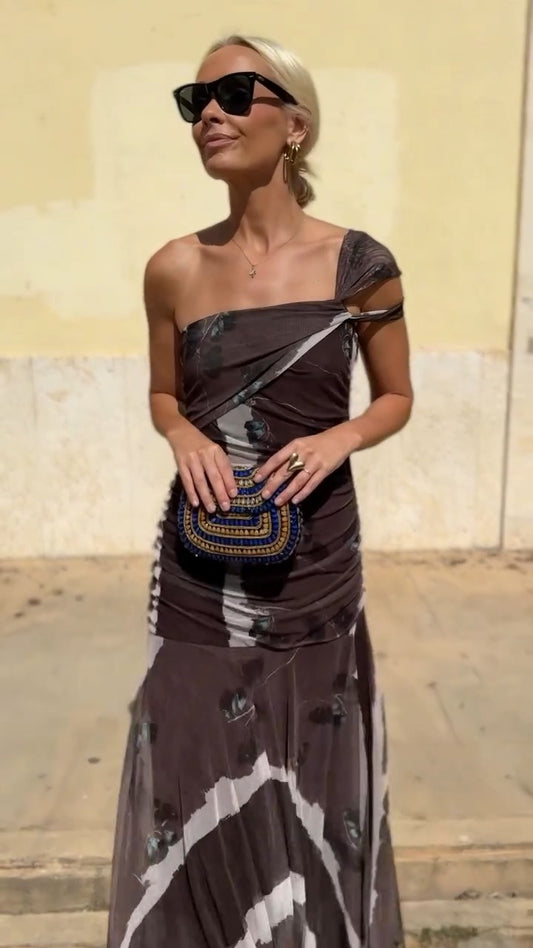 Mocha Abstract Print One-Shoulder Maxi Dress