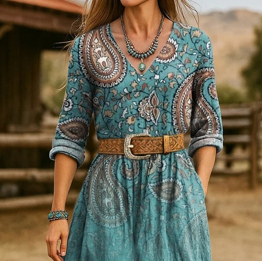Vintage Paisley Print Long Sleeves Cotton Dress