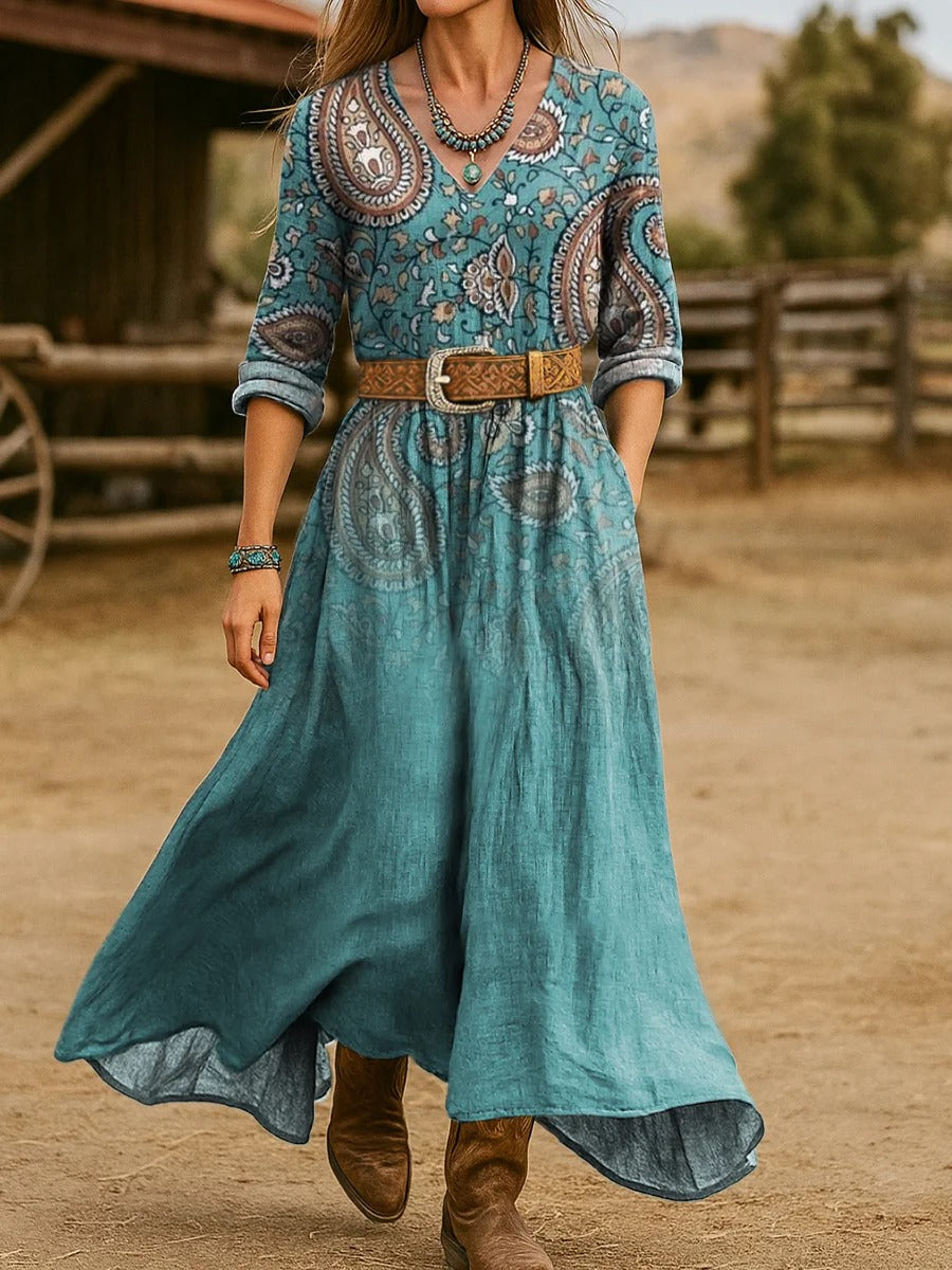 Vintage Paisley Print Long Sleeves Cotton Dress