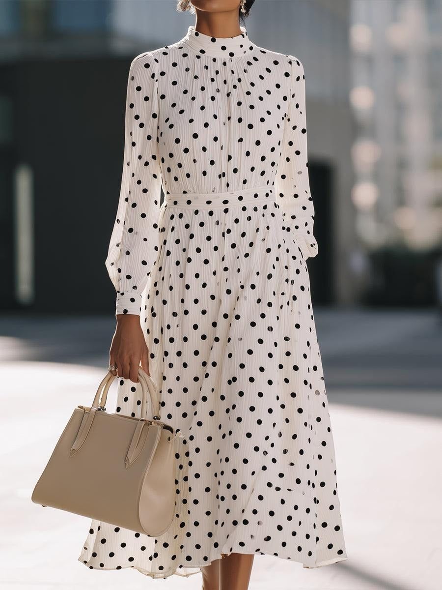 Chic Long Sleeve Polka Dot Midi Dress