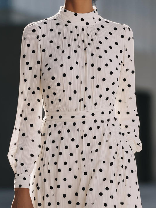 Chic Long Sleeve Polka Dot Midi Dress