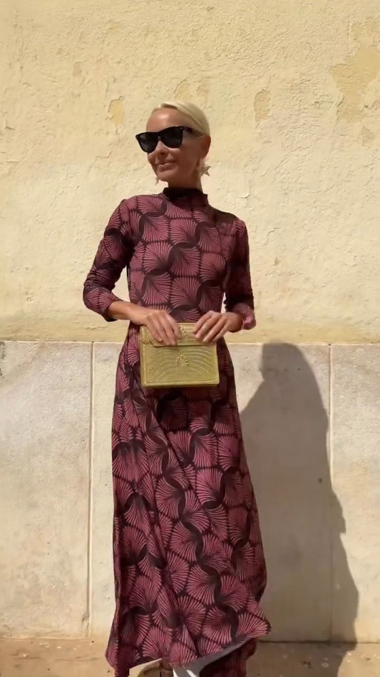 Burgundy Geometric Print High-Neck Maxi Dress