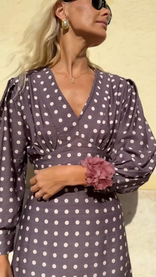 Mocha Polka Dot Puff-Sleeve Maxi Dress