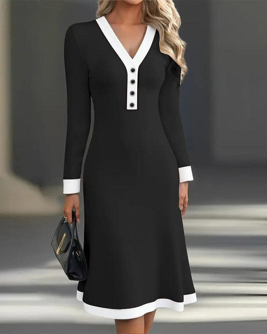Black Long Sleeve Color Block Midi Dress